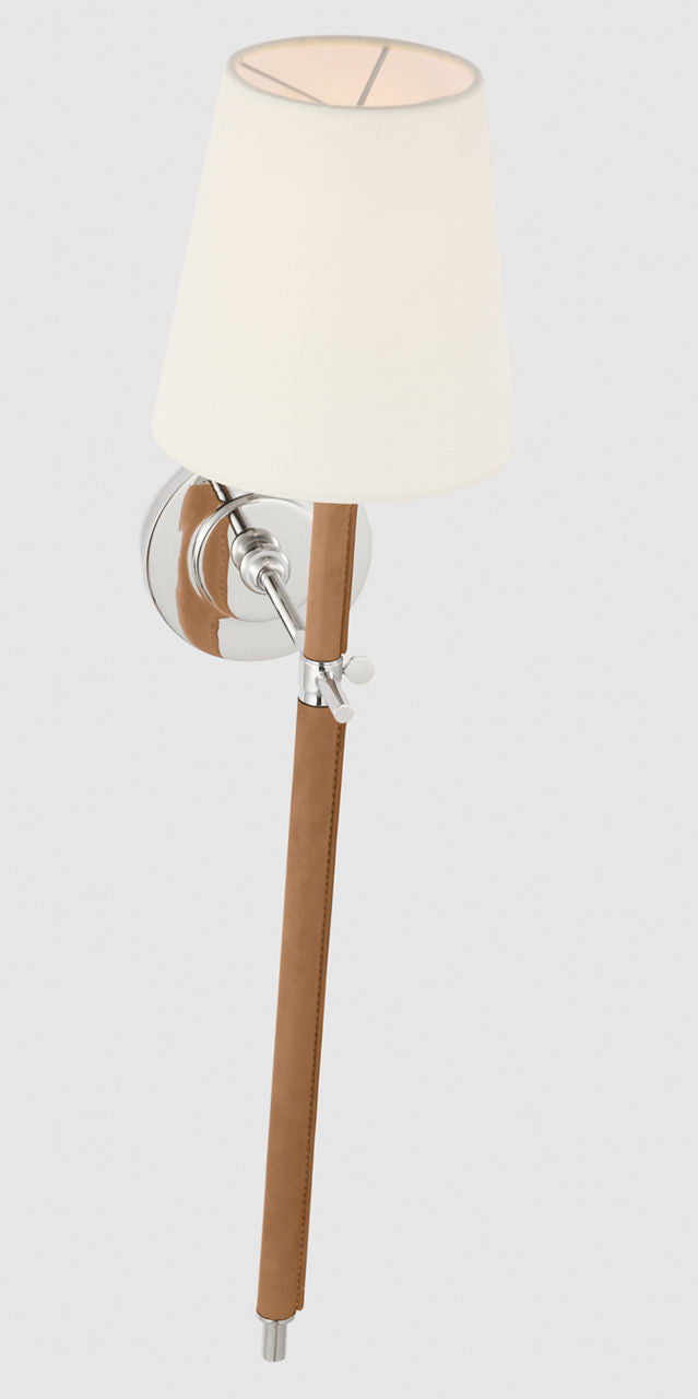 Bryant Large Wrapped Tail Sconce | Polished Nickel and Natural Leather | Linen Shade