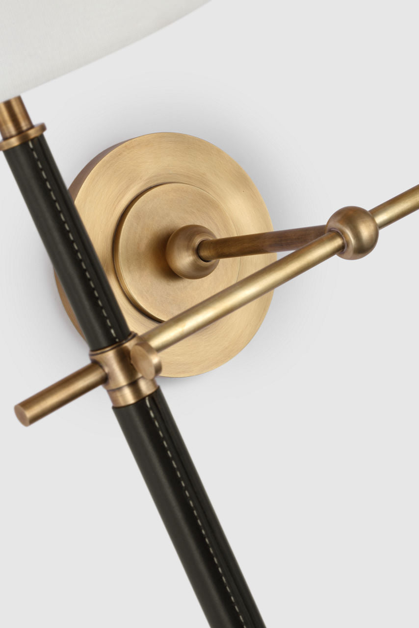 Bryant Large Wrapped Double Tail Sconce | Hand-Rubbed Antique Brass and Chocolate Leather | Linen Shades
