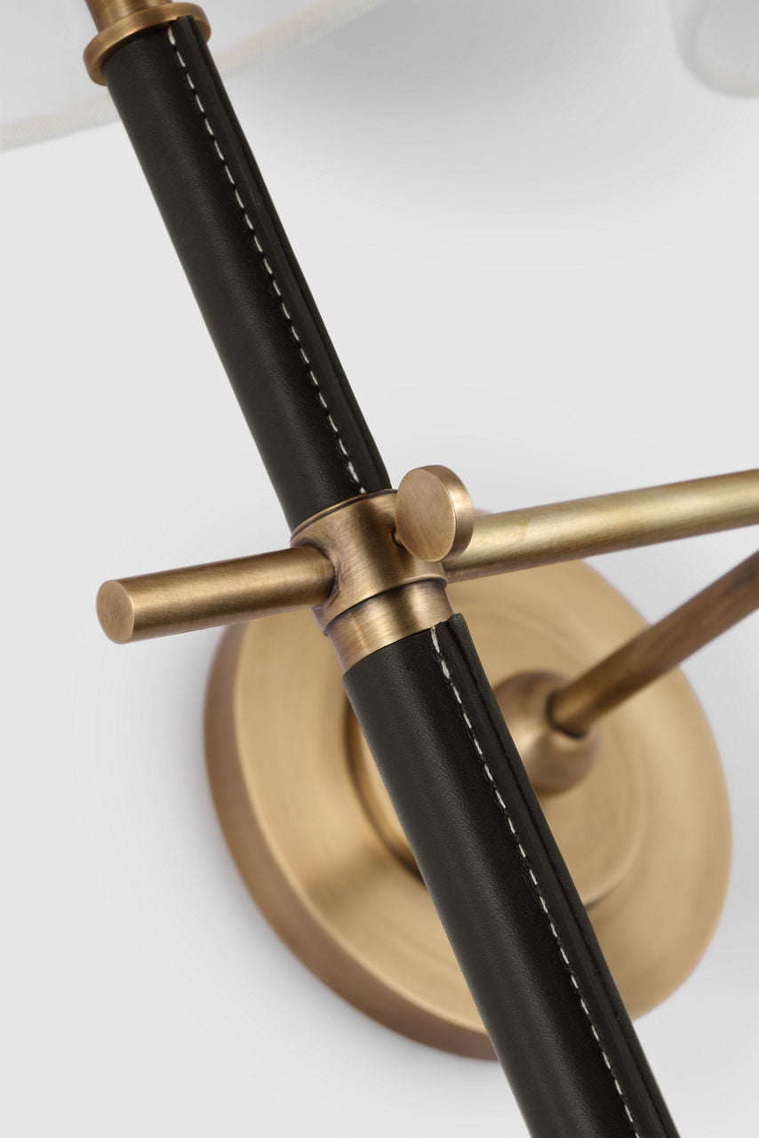 Bryant Large Wrapped Double Tail Sconce | Hand-Rubbed Antique Brass and Chocolate Leather | Linen Shades