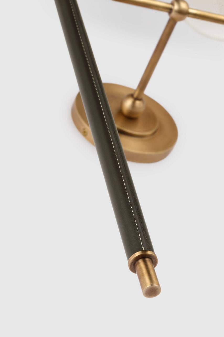 Bryant Large Wrapped Double Tail Sconce | Hand-Rubbed Antique Brass and Chocolate Leather | Linen Shades