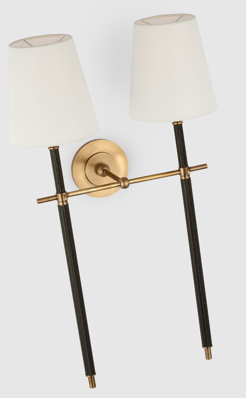 Bryant Large Wrapped Double Tail Sconce | Hand-Rubbed Antique Brass and Chocolate Leather | Linen Shades