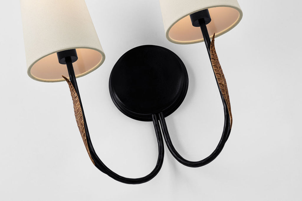 Kairos 14" Double Sconce | Aged Iron and Roman Bronze | Linen Shades