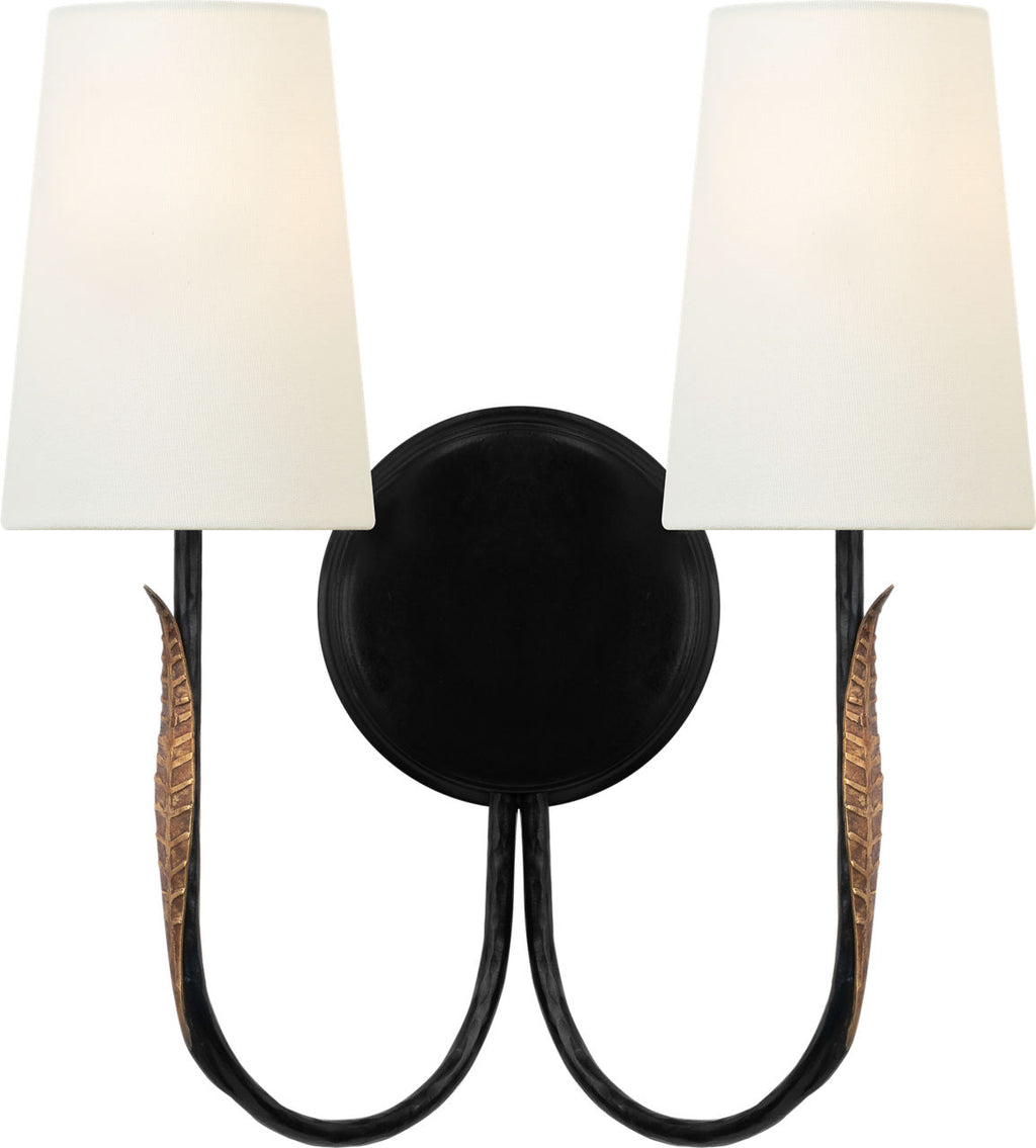 Kairos 14" Double Sconce | Aged Iron and Roman Bronze | Linen Shades