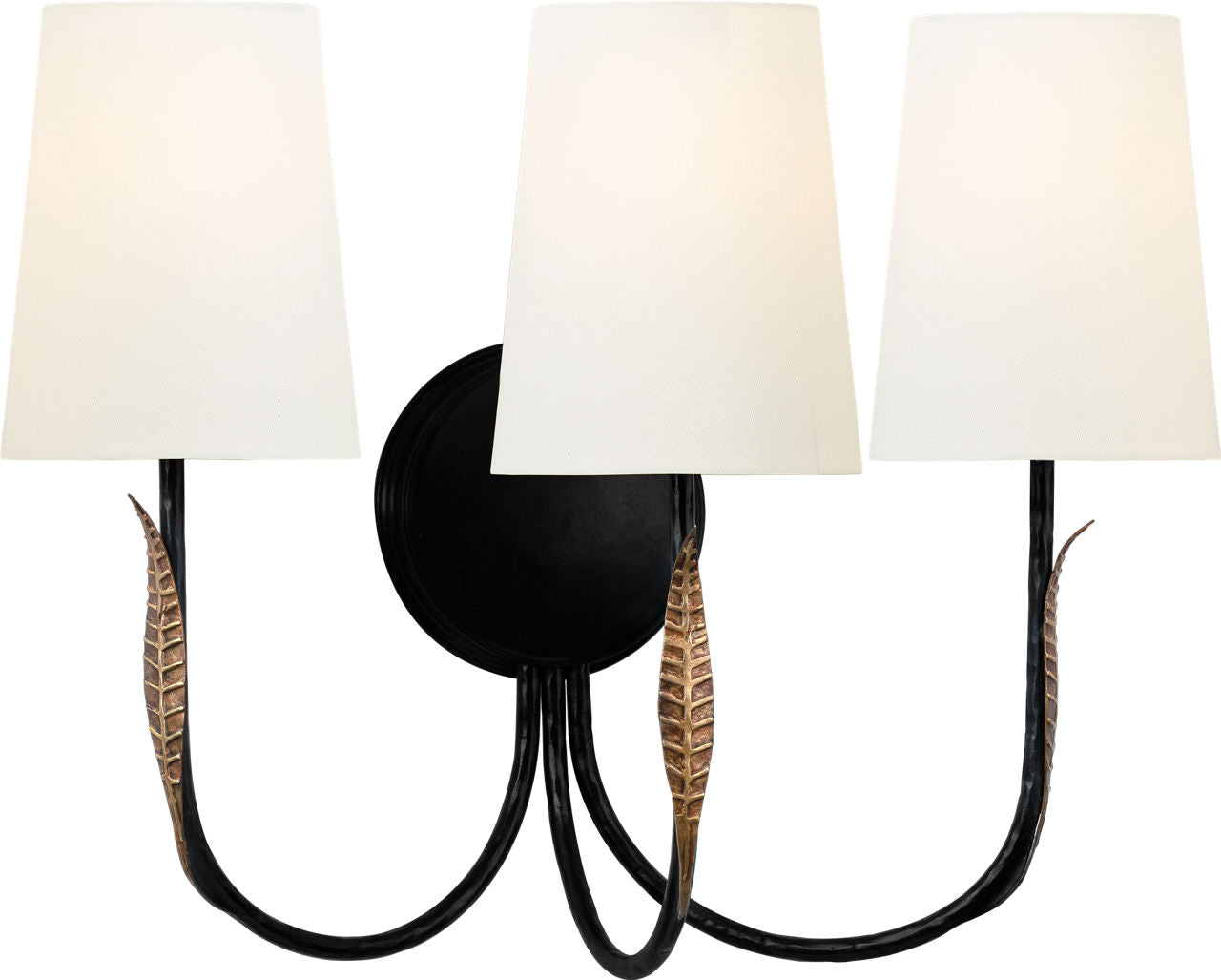 Kairos 14" Triple Sconce | Aged Iron and Roman Bronze | Linen Shades