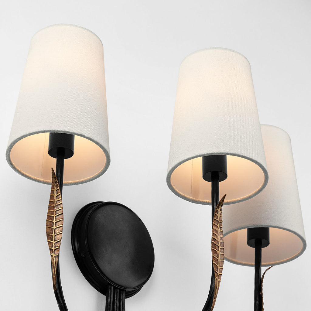 Kairos 14" Triple Sconce | Aged Iron and Roman Bronze | Linen Shades