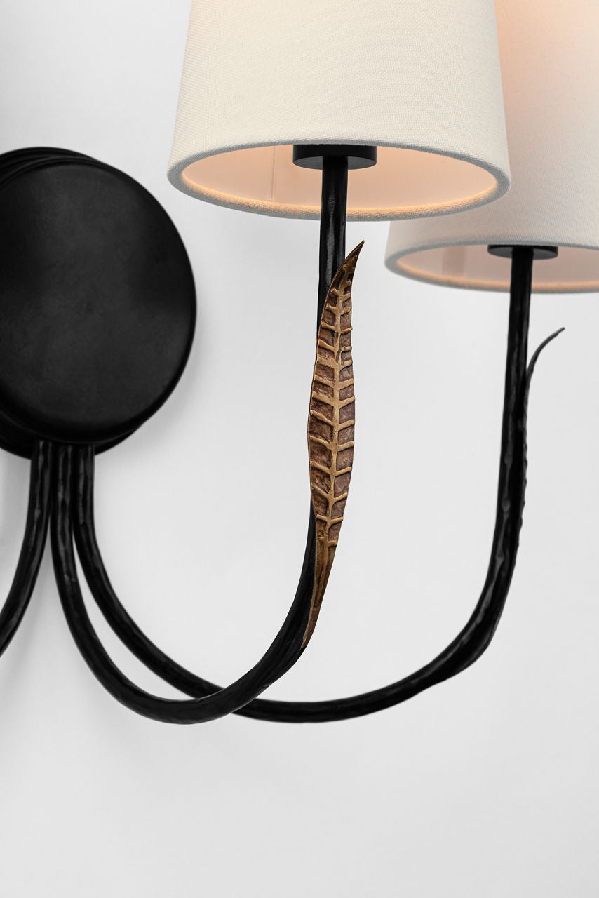 Kairos 14" Triple Sconce | Aged Iron and Roman Bronze | Linen Shades