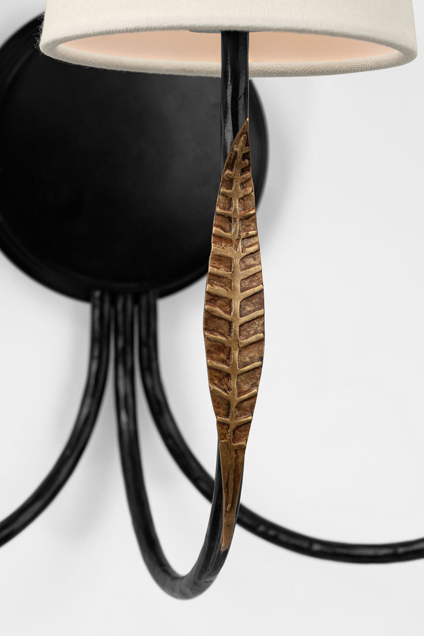 Kairos 14" Triple Sconce | Aged Iron and Roman Bronze | Linen Shades