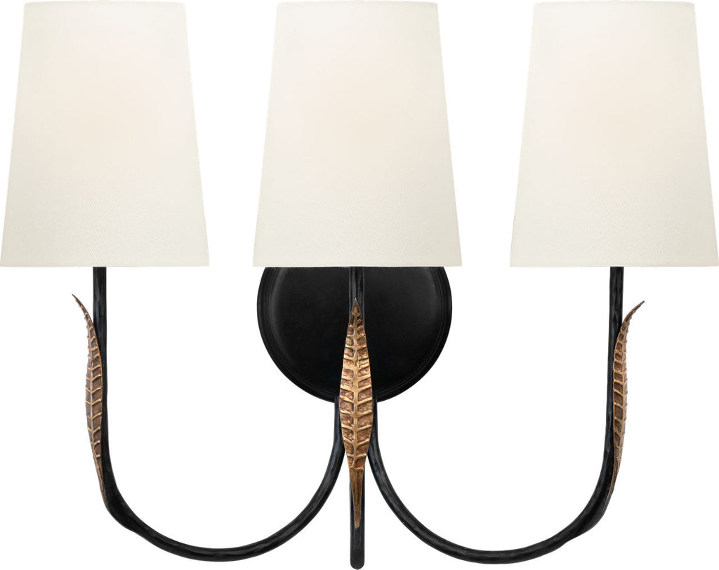Kairos 14" Triple Sconce | Aged Iron and Roman Bronze | Linen Shades