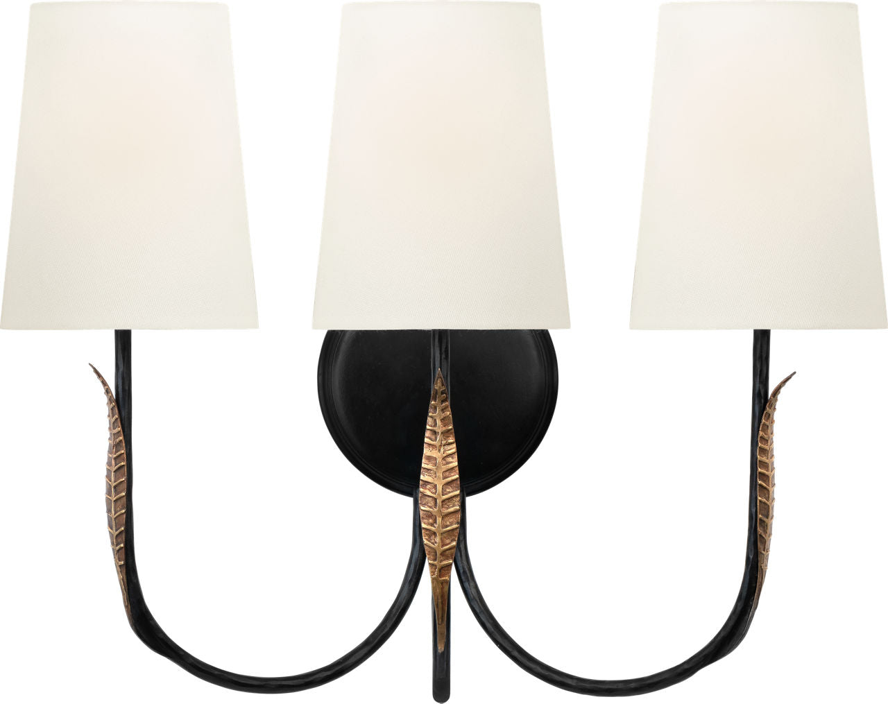 Kairos 14" Triple Sconce | Aged Iron and Roman Bronze | Linen Shades