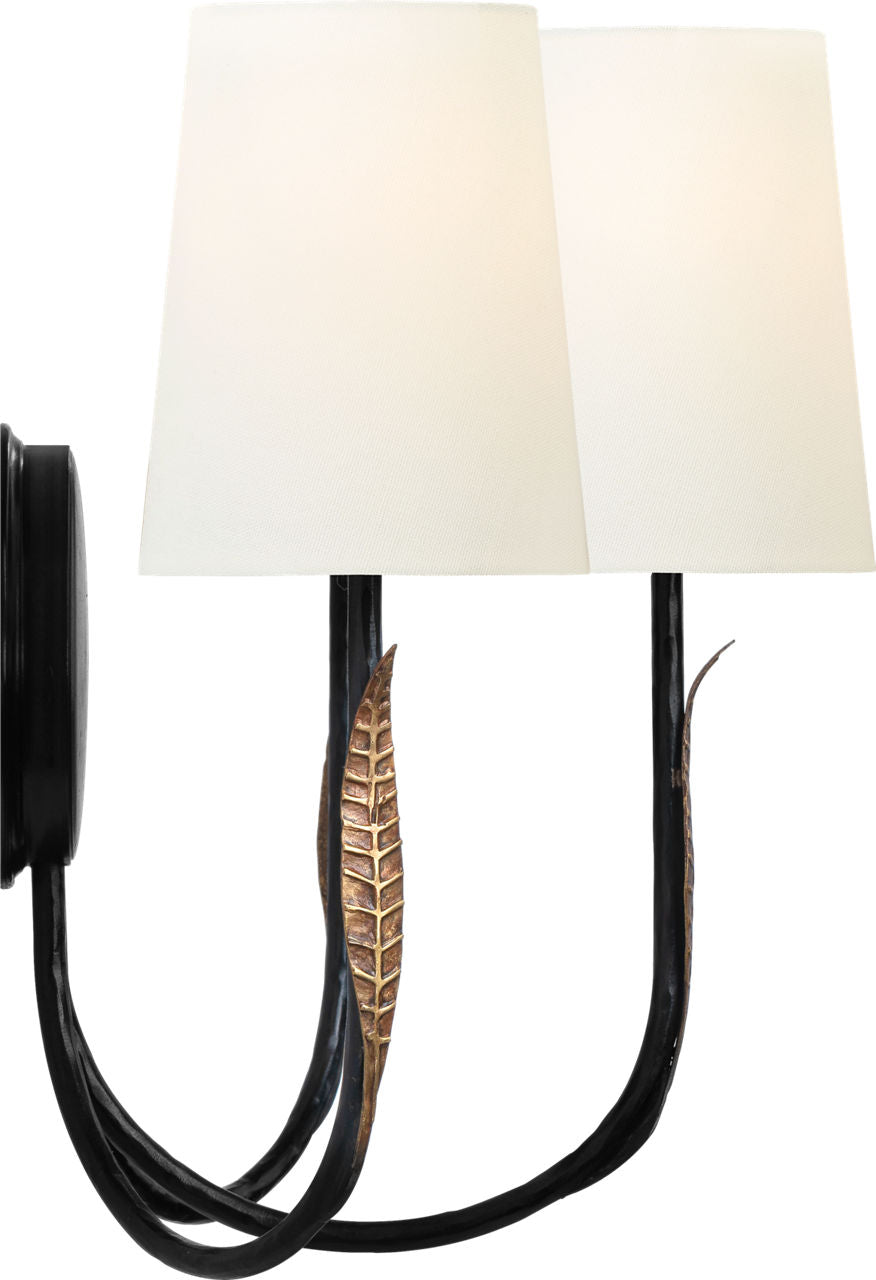 Kairos 14" Triple Sconce | Aged Iron and Roman Bronze | Linen Shades