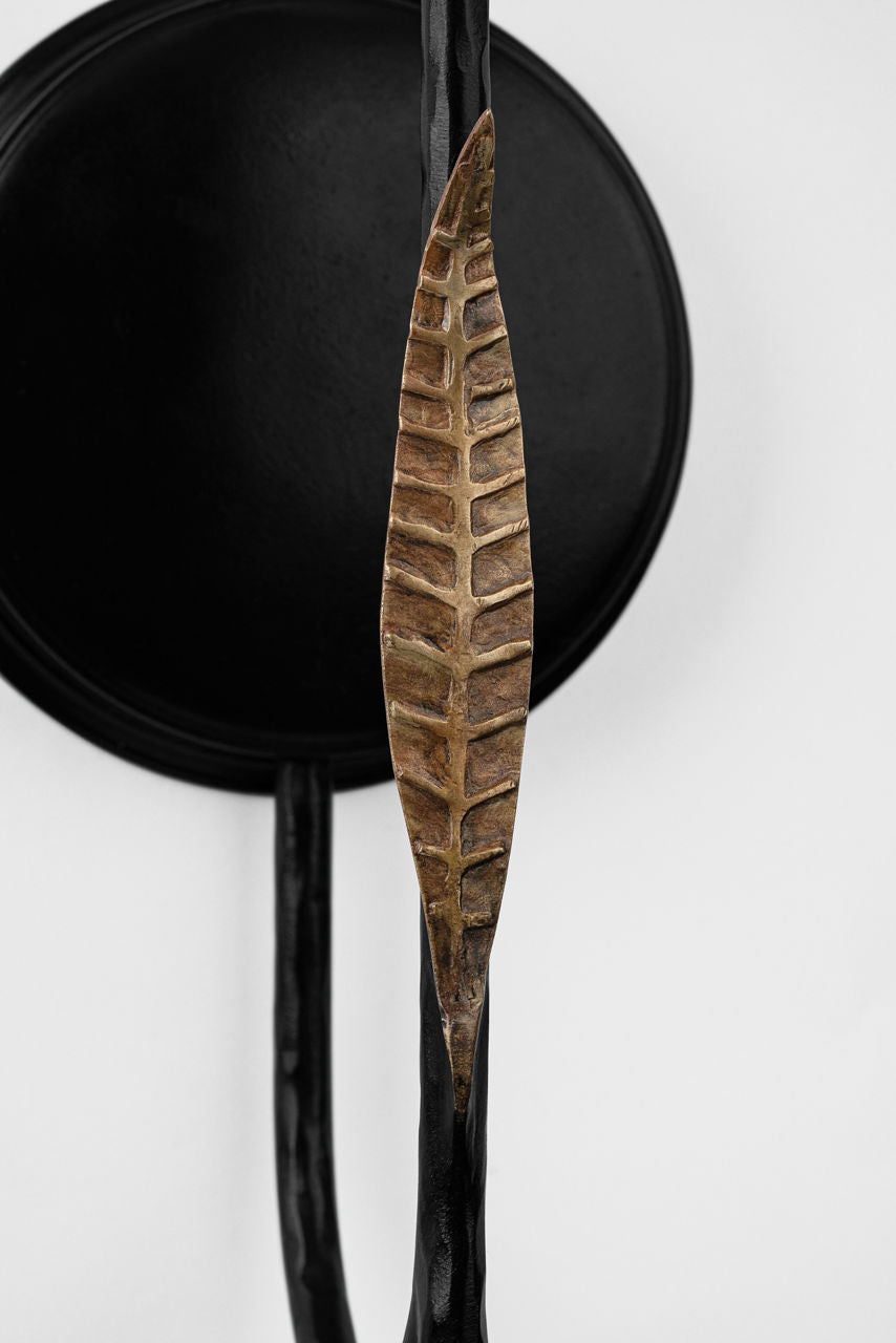 Kairos 27" Tail Sconce | Aged Iron and Roman Bronze | Linen Shade