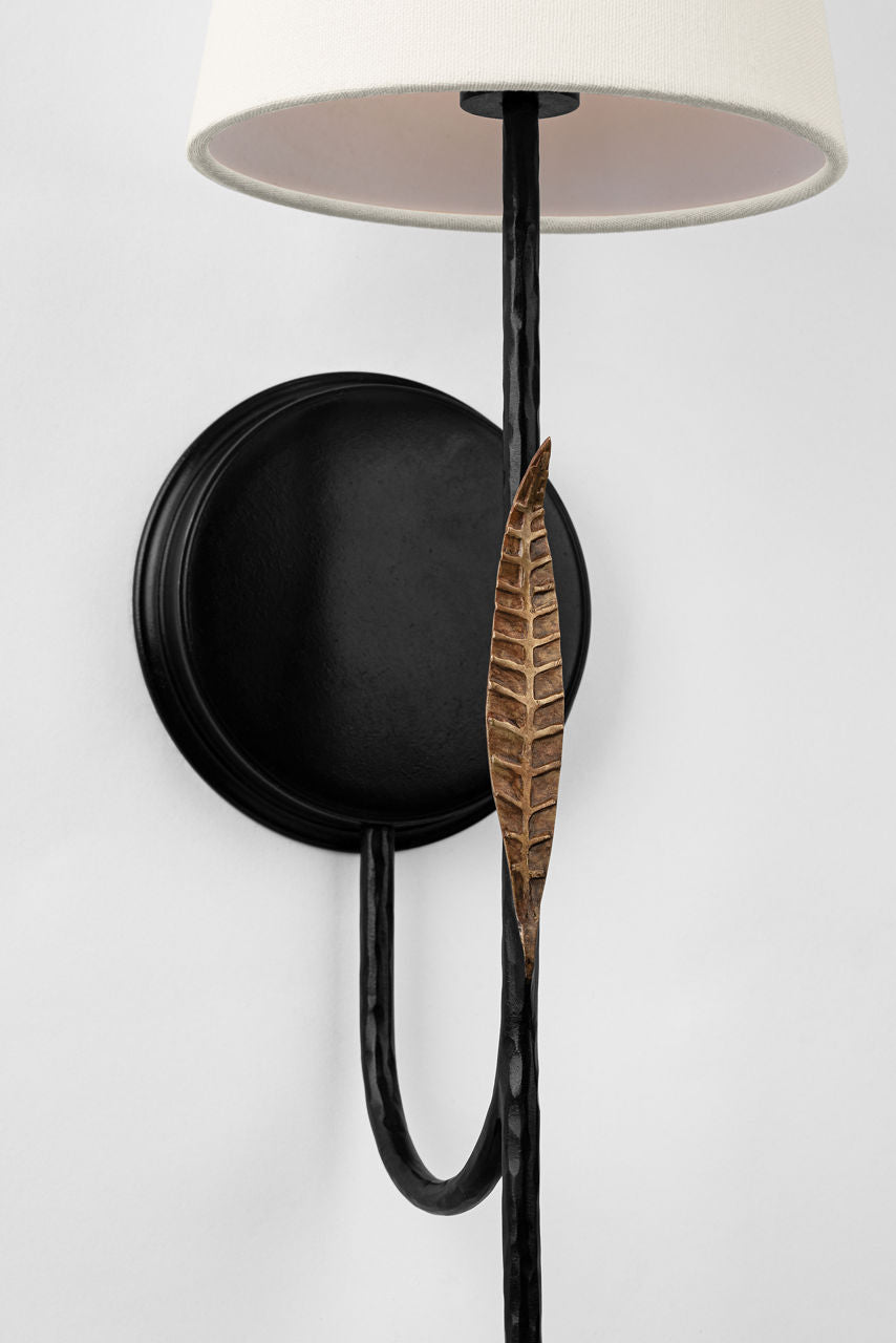 Kairos 27" Tail Sconce | Aged Iron and Roman Bronze | Linen Shade