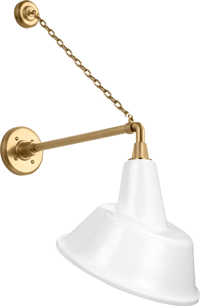 Academy 17.5" Anchored Mack Barn Light | Hand-Rubbed Antique Brass | 12.5 | 12.5" White Tilted Bowers Shade