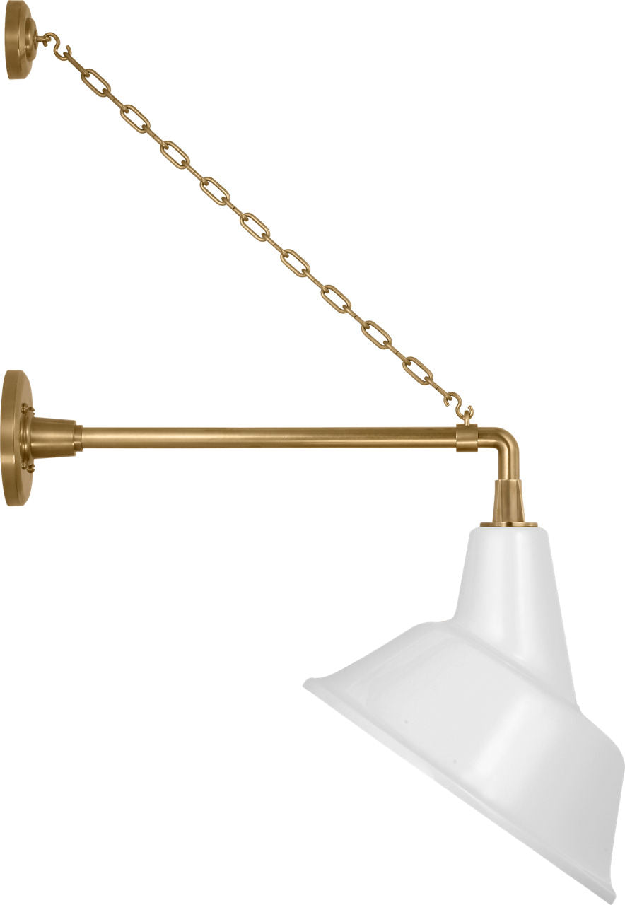 Academy 17.5" Anchored Mack Barn Light | Hand-Rubbed Antique Brass | 12.5 | 12.5" White Tilted Bowers Shade