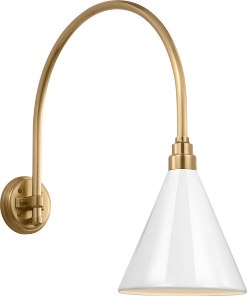 Academy 19.5" Arched Mack Barn Light | Hand-Rubbed Antique Brass | 9 | 9" White Conical Savannah Shade