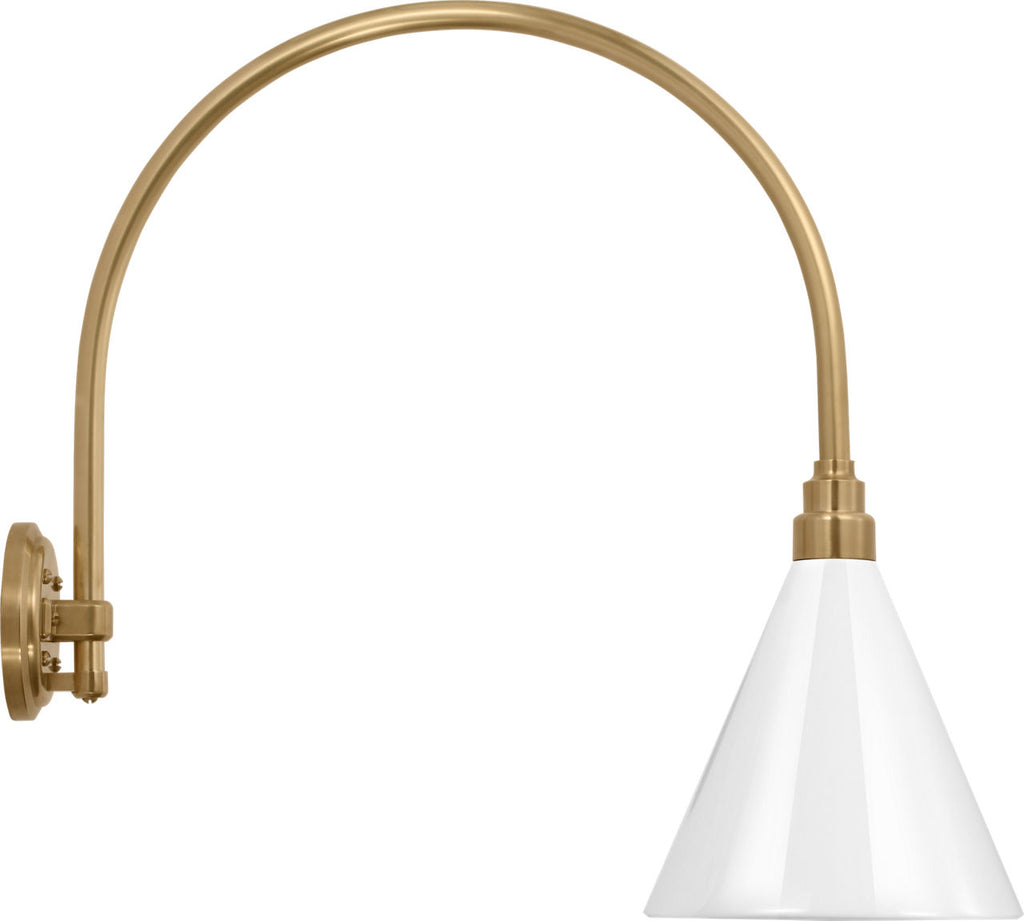 Academy 19.5" Arched Mack Barn Light | Hand-Rubbed Antique Brass | 9 | 9" White Conical Savannah Shade