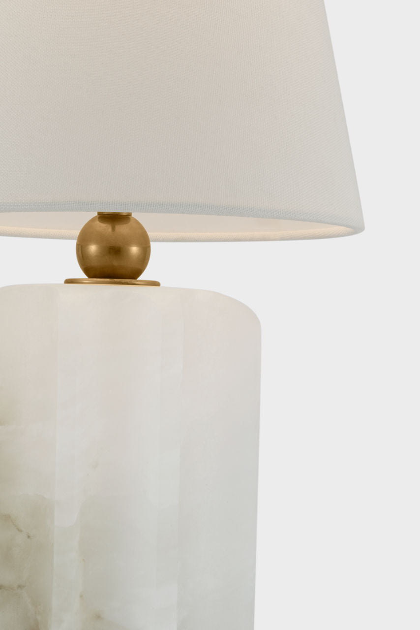 Iota Small Table Lamp | Alabaster and Hand-Rubbed Antique Brass | Linen Shade