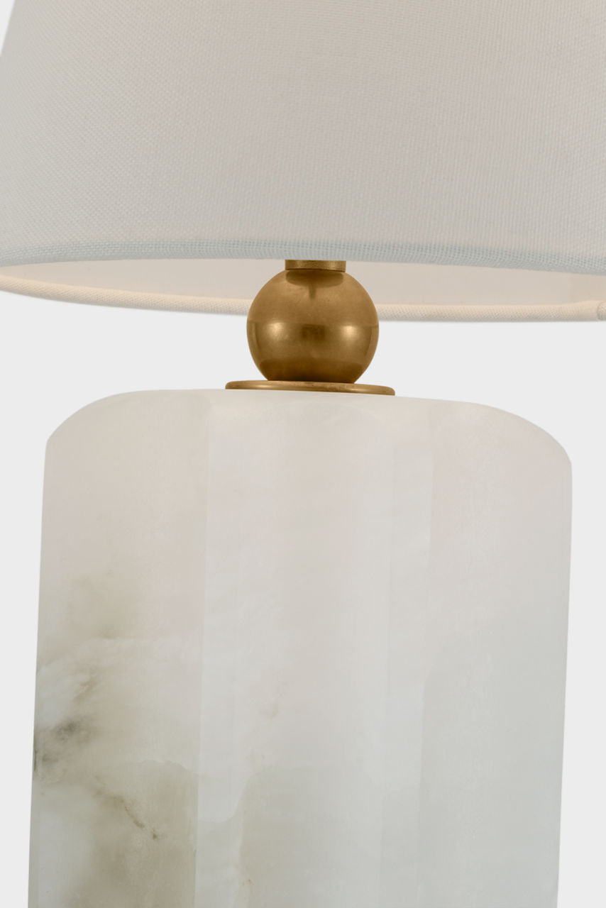 Iota Small Table Lamp | Alabaster and Hand-Rubbed Antique Brass | Linen Shade