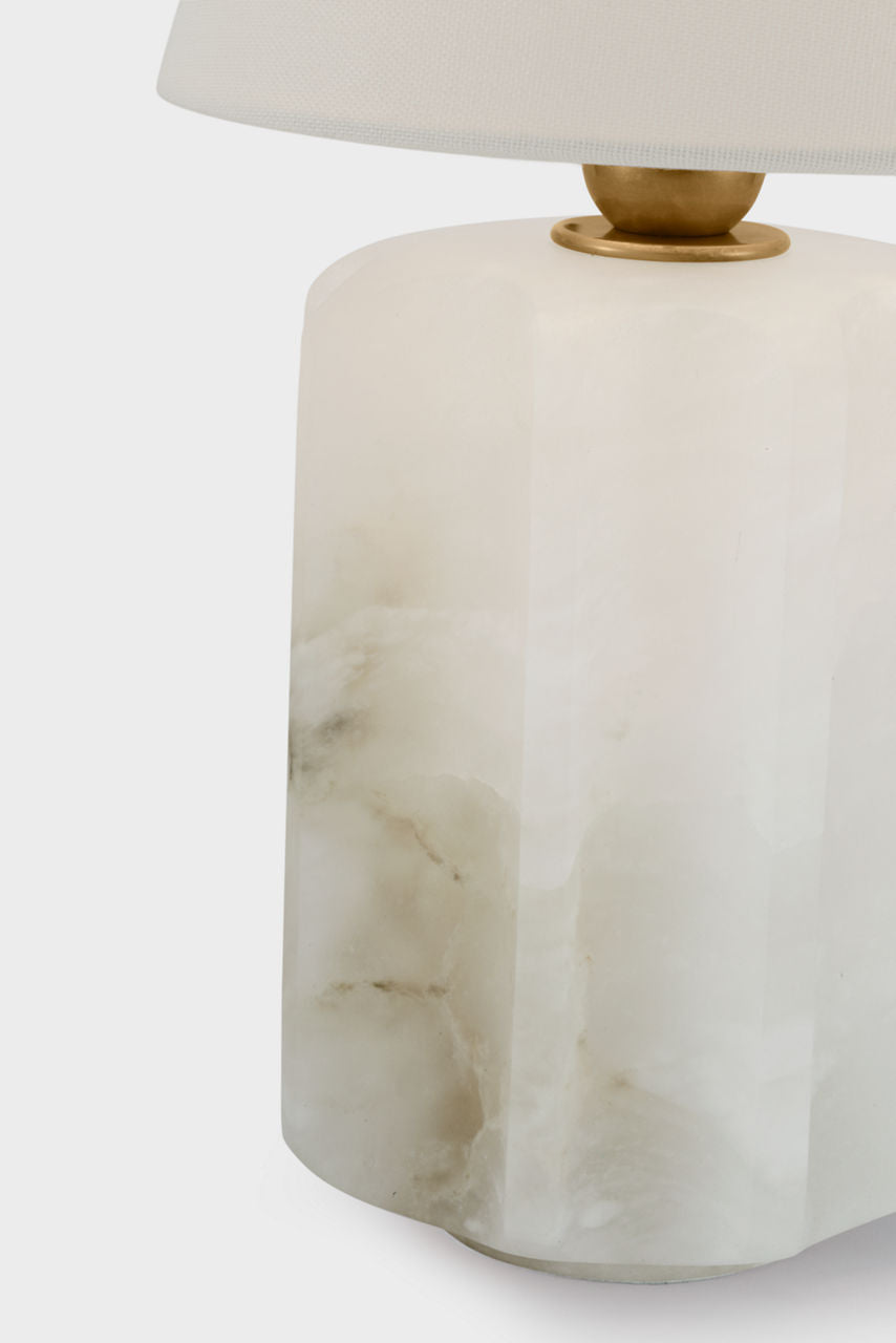 Iota Small Table Lamp | Alabaster and Hand-Rubbed Antique Brass | Linen Shade