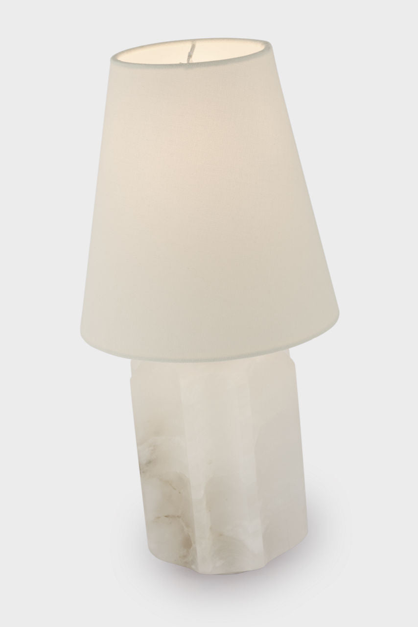 Iota Small Table Lamp | Alabaster and Hand-Rubbed Antique Brass | Linen Shade