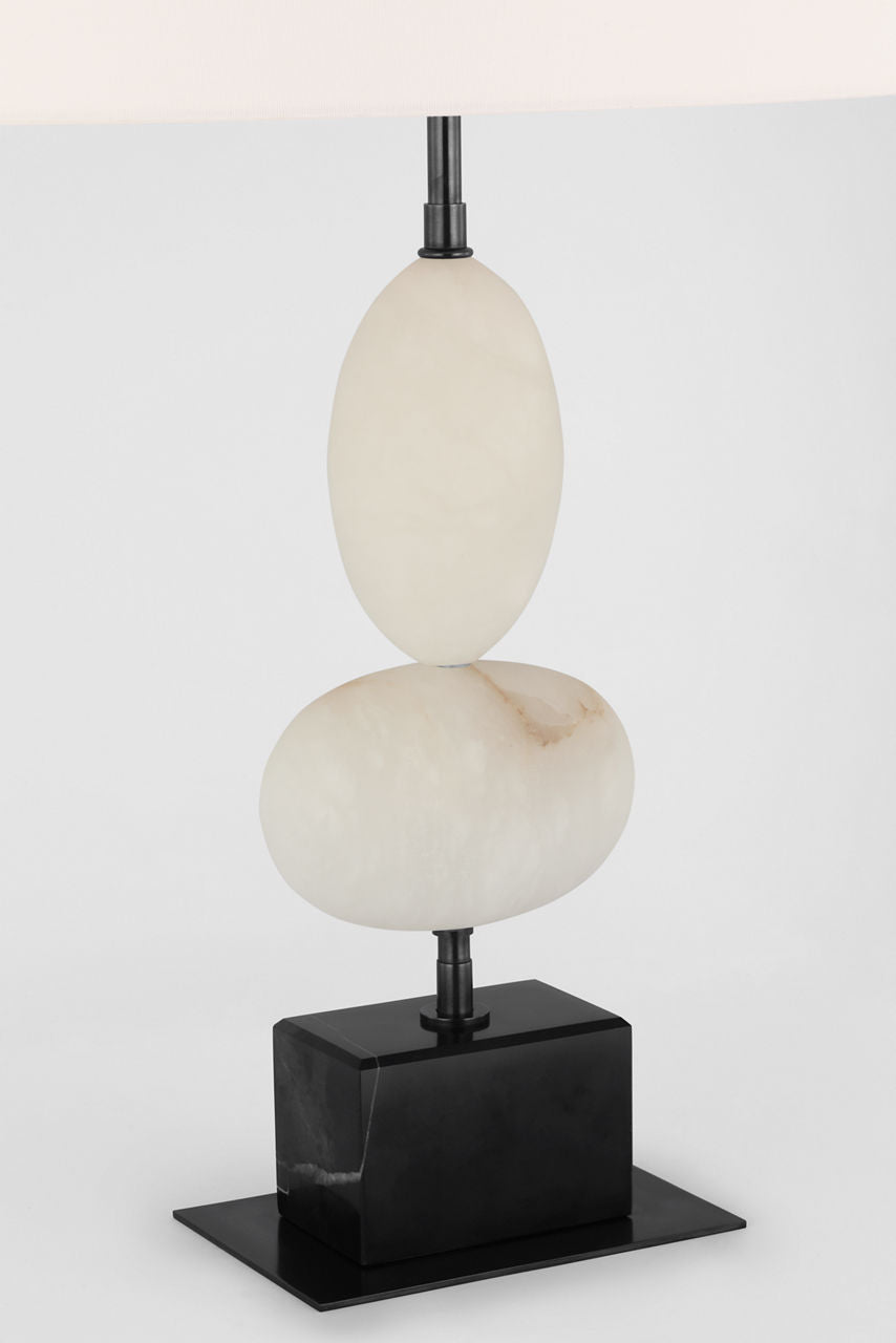 Dani Medium Cordless Table Lamp | Alabaster and Black Marble | Linen Shade