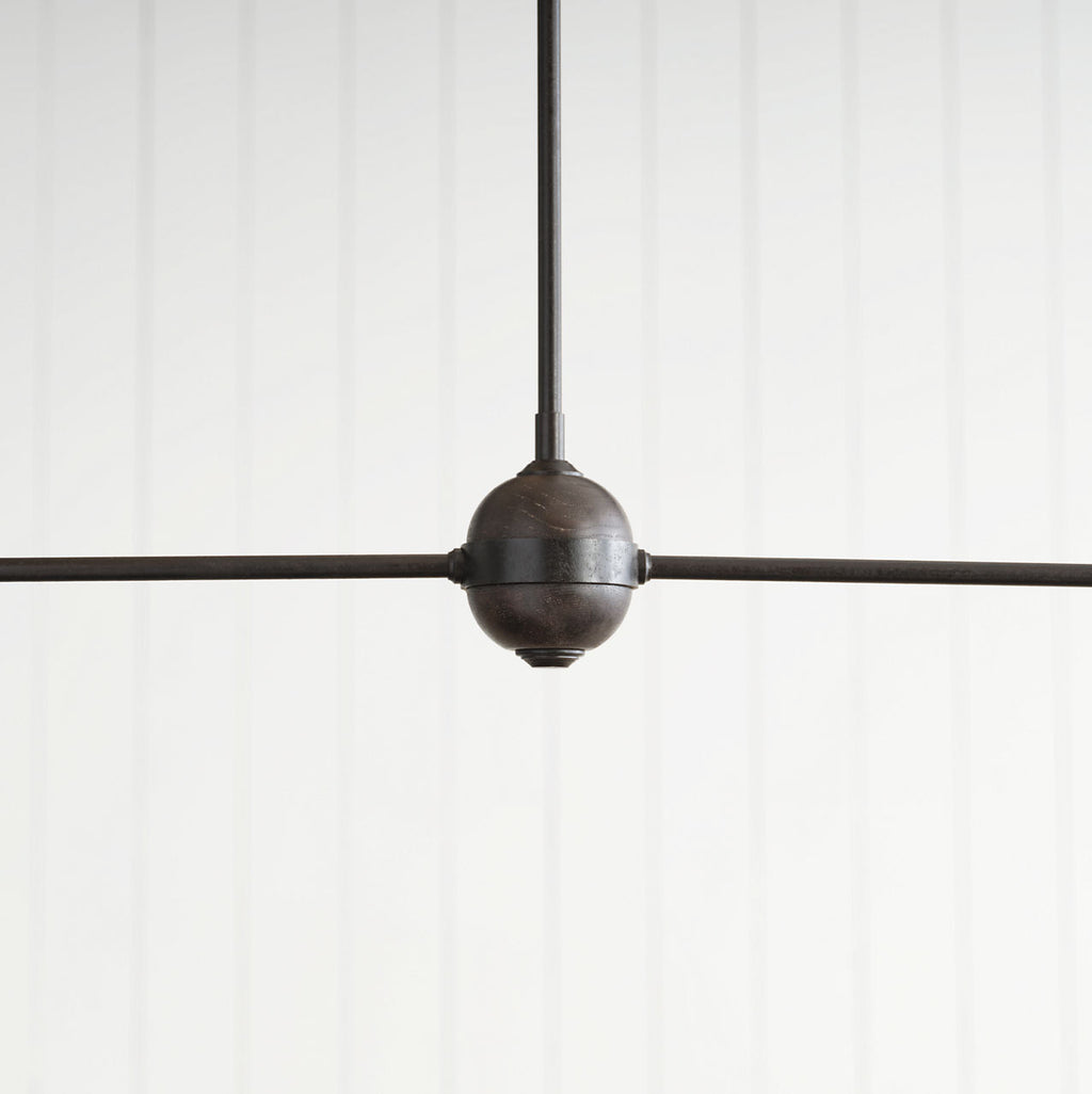 Piaf Large Two Light Linear Pendant | Aged Iron and Ebonized Oak | Linen Shades