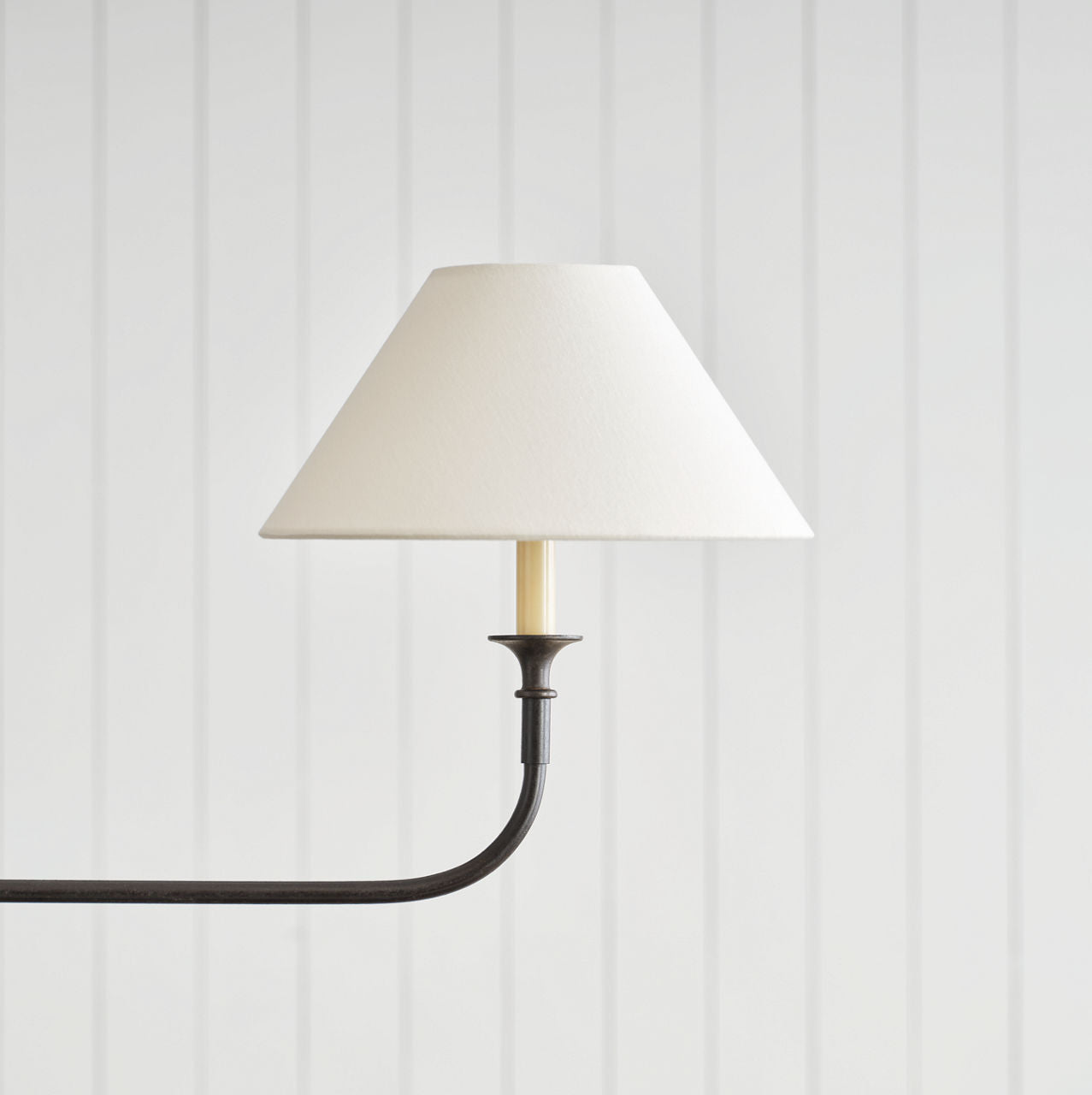 Piaf Large Two Light Linear Pendant | Aged Iron and Ebonized Oak | Linen Shades