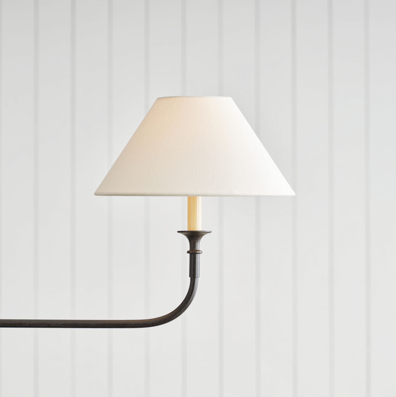 Piaf Large Two Light Linear Pendant | Aged Iron and Ebonized Oak | Linen Shades