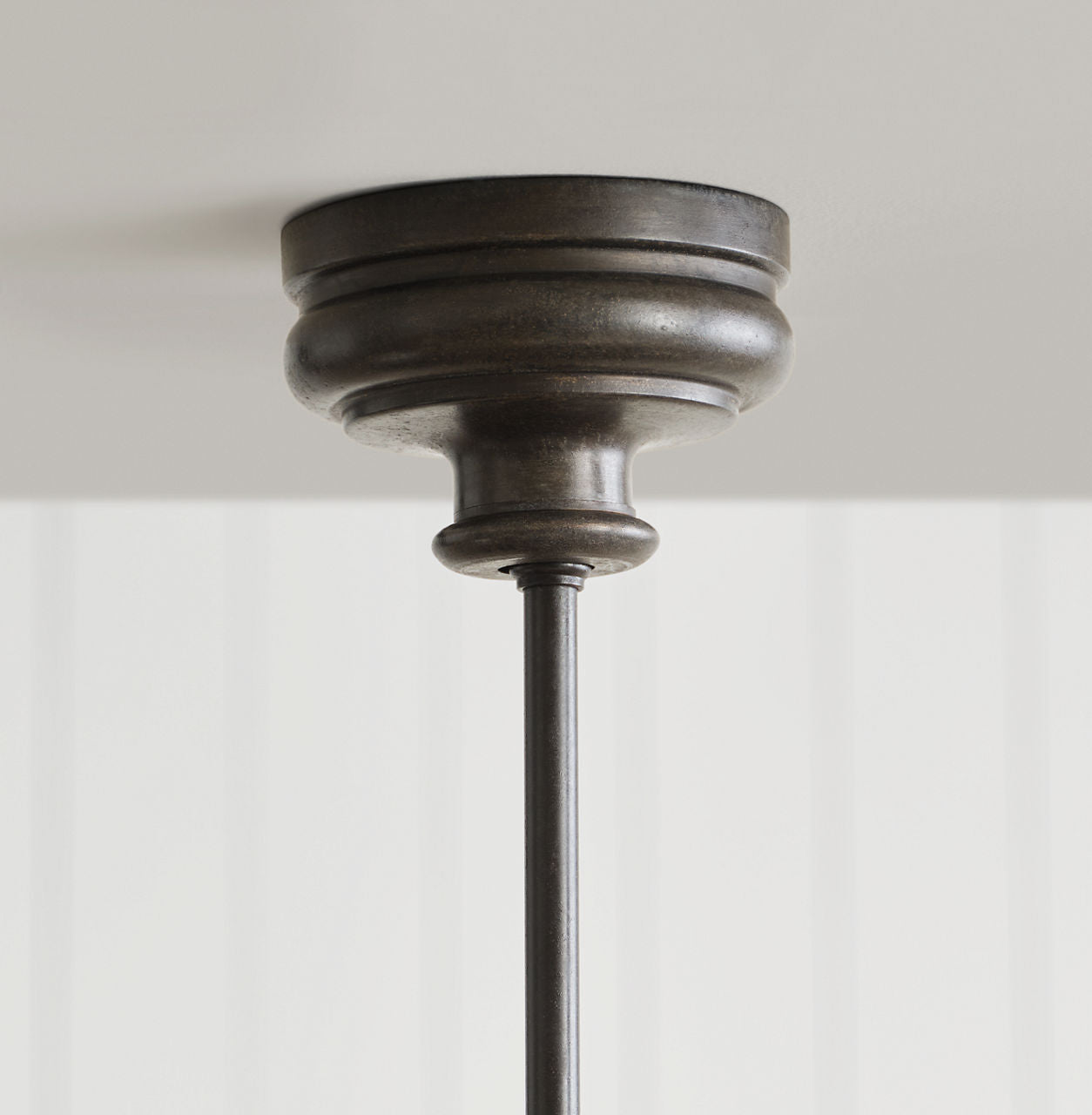 Piaf Large Two Light Linear Pendant | Aged Iron and Ebonized Oak | Linen Shades