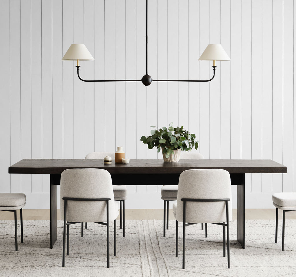 Piaf Large Two Light Linear Pendant | Aged Iron and Ebonized Oak | Linen Shades