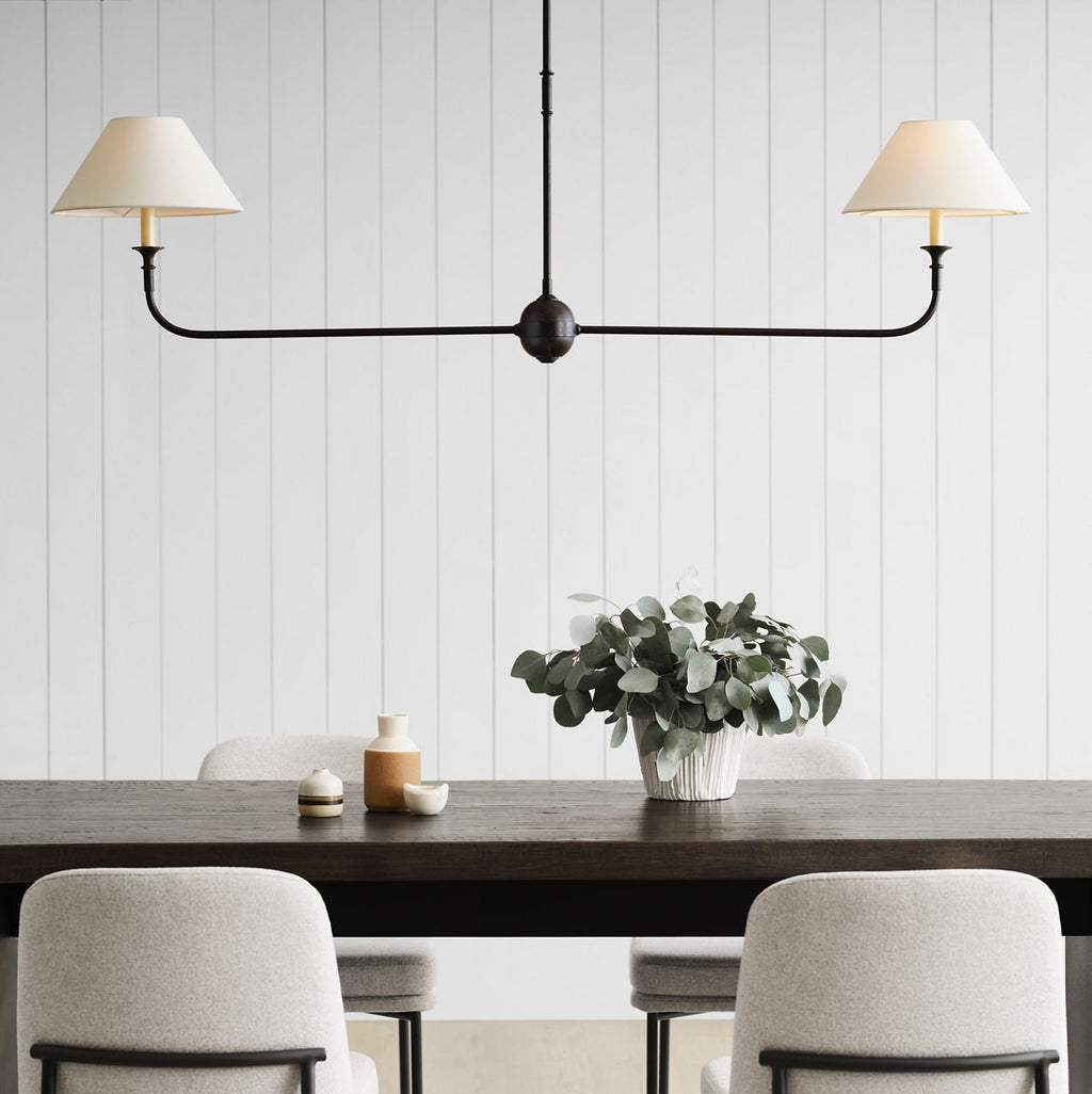 Piaf Large Two Light Linear Pendant | Aged Iron and Ebonized Oak | Linen Shades