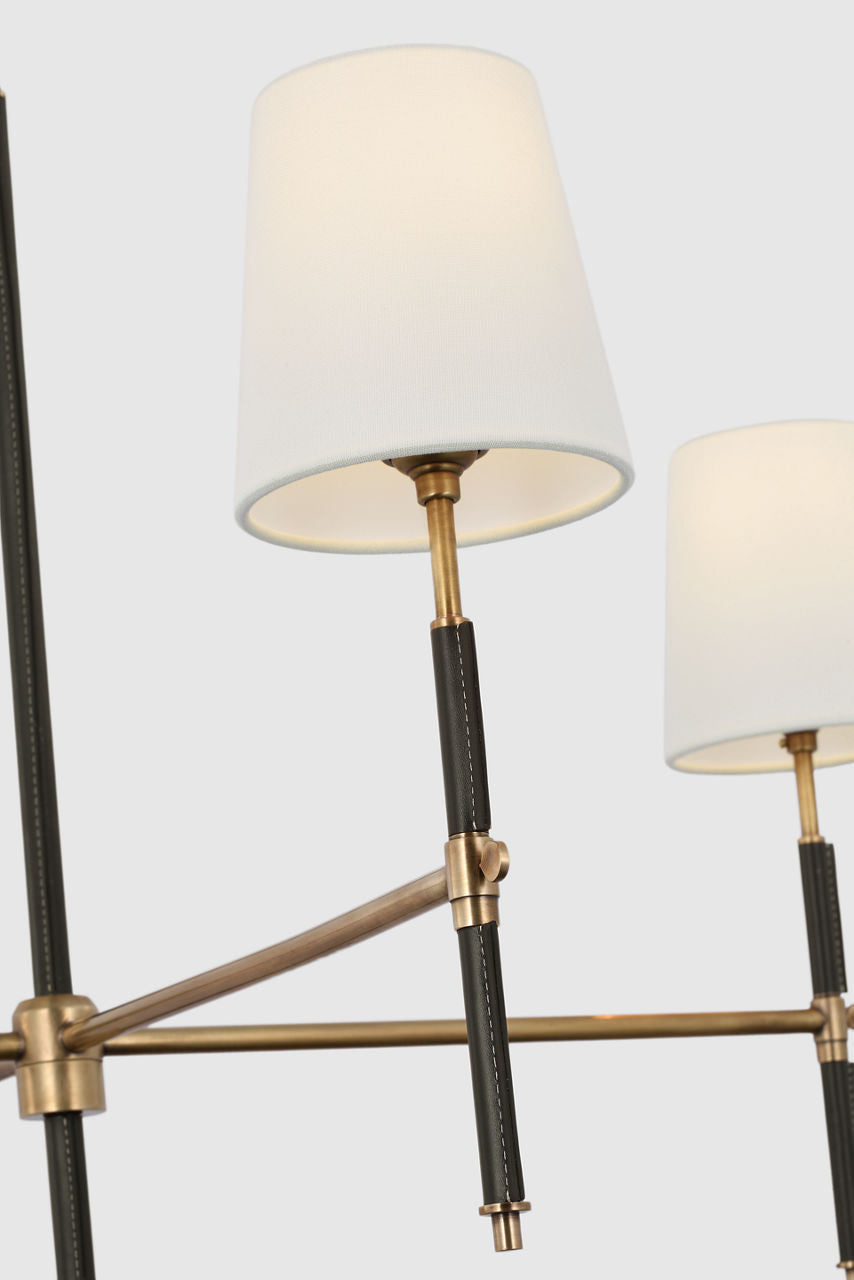 Bryant Large Wrapped Chandelier | Hand-Rubbed Antique Brass and Chocolate Leather | Linen Shades