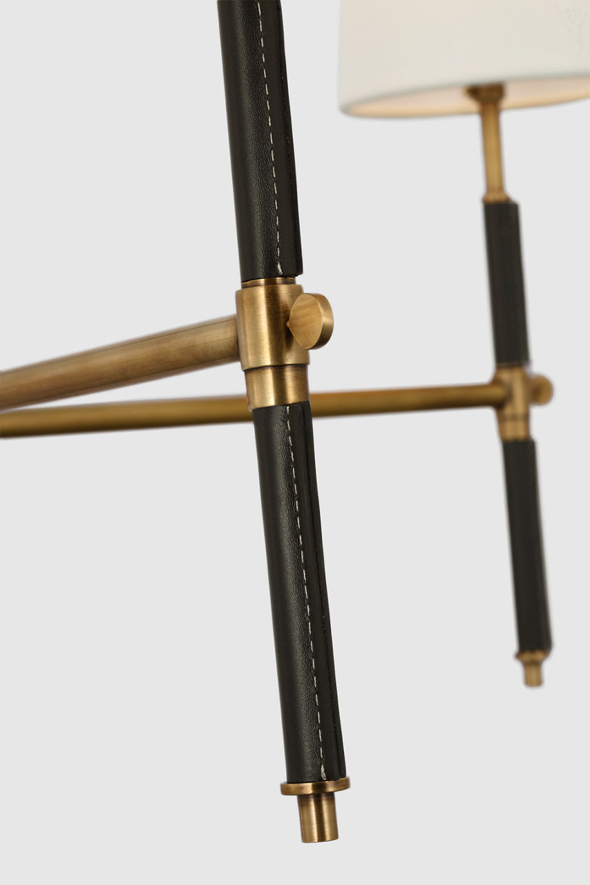 Bryant Large Wrapped Chandelier | Hand-Rubbed Antique Brass and Chocolate Leather | Linen Shades
