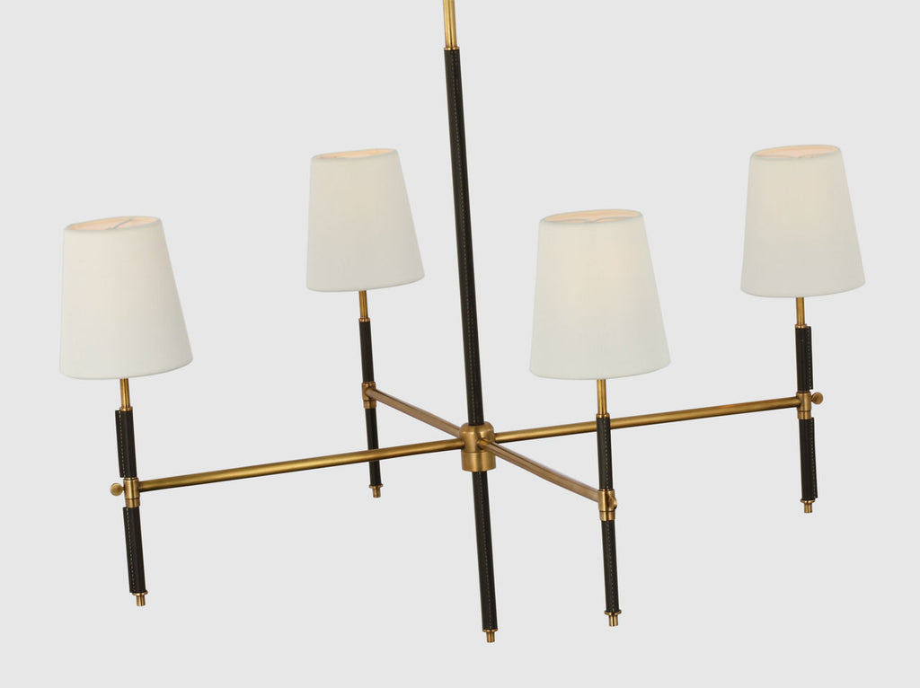 Bryant Large Wrapped Chandelier | Hand-Rubbed Antique Brass and Chocolate Leather | Linen Shades