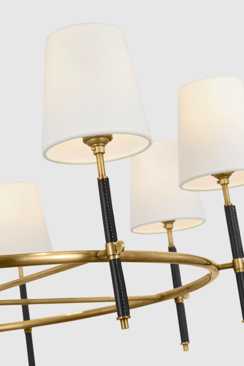 Bryant Wrapped Ring Chandelier | Hand-Rubbed Antique Brass and Chocolate Leather | Linen Shades