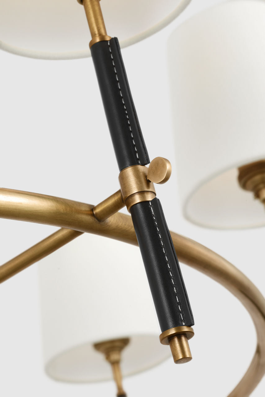 Bryant Wrapped Ring Chandelier | Hand-Rubbed Antique Brass and Chocolate Leather | Linen Shades