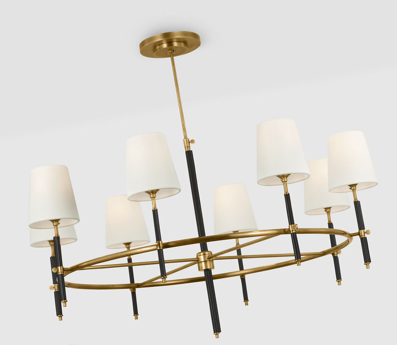 Bryant Wrapped Ring Chandelier | Hand-Rubbed Antique Brass and Chocolate Leather | Linen Shades