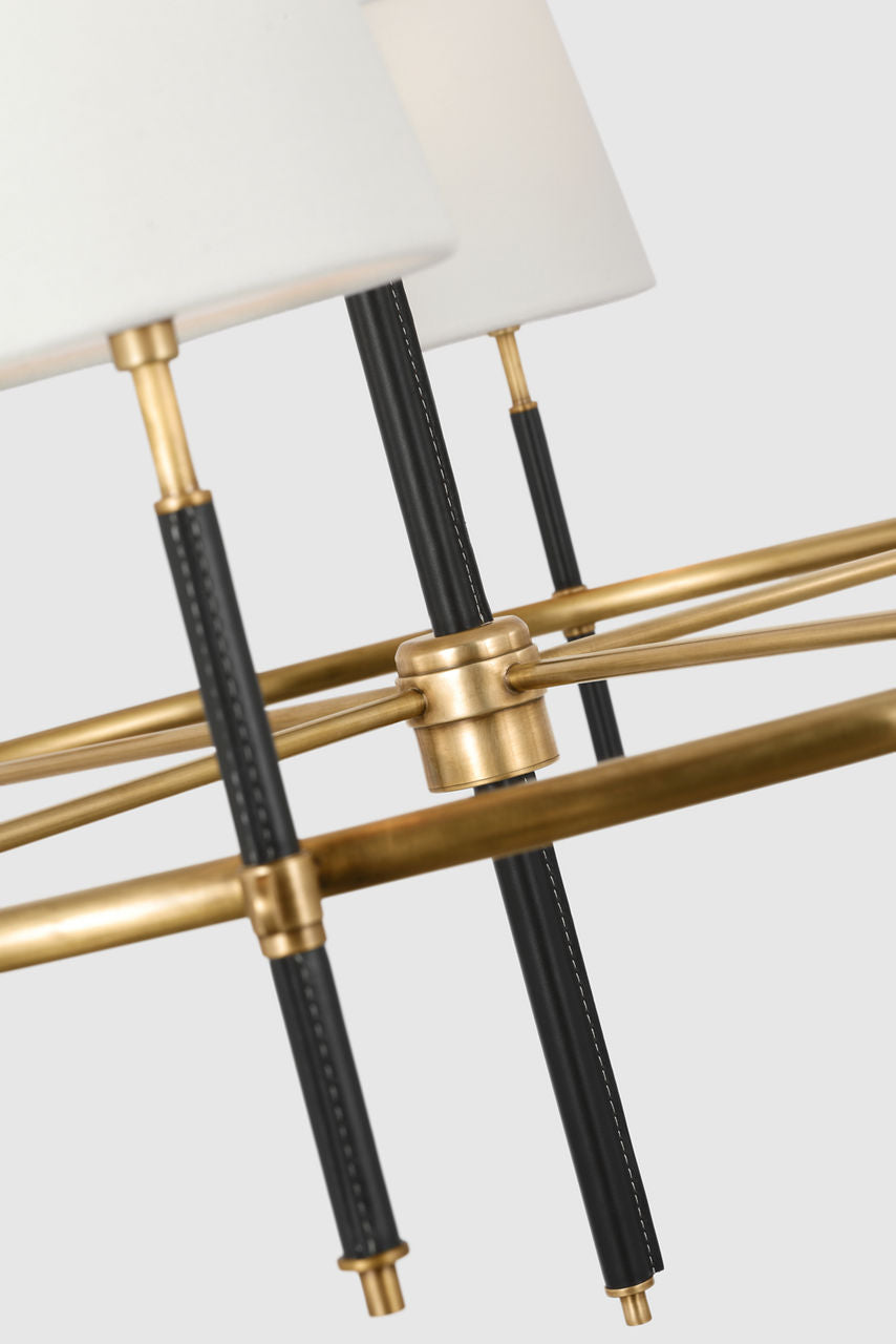 Bryant Wrapped Ring Chandelier | Hand-Rubbed Antique Brass and Chocolate Leather | Linen Shades
