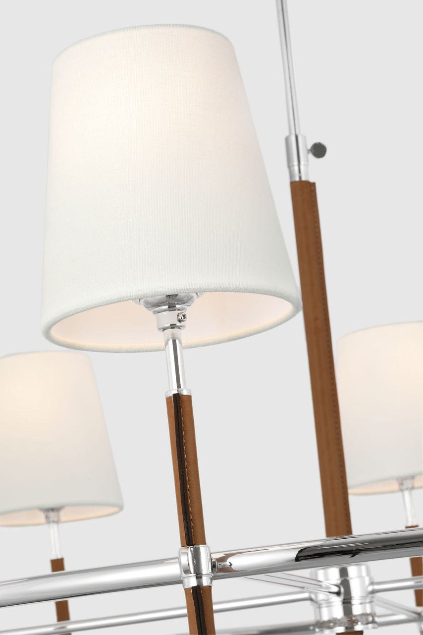 Bryant Wrapped Ring Chandelier | Polished Nickel and Natural Leather | Linen Shades