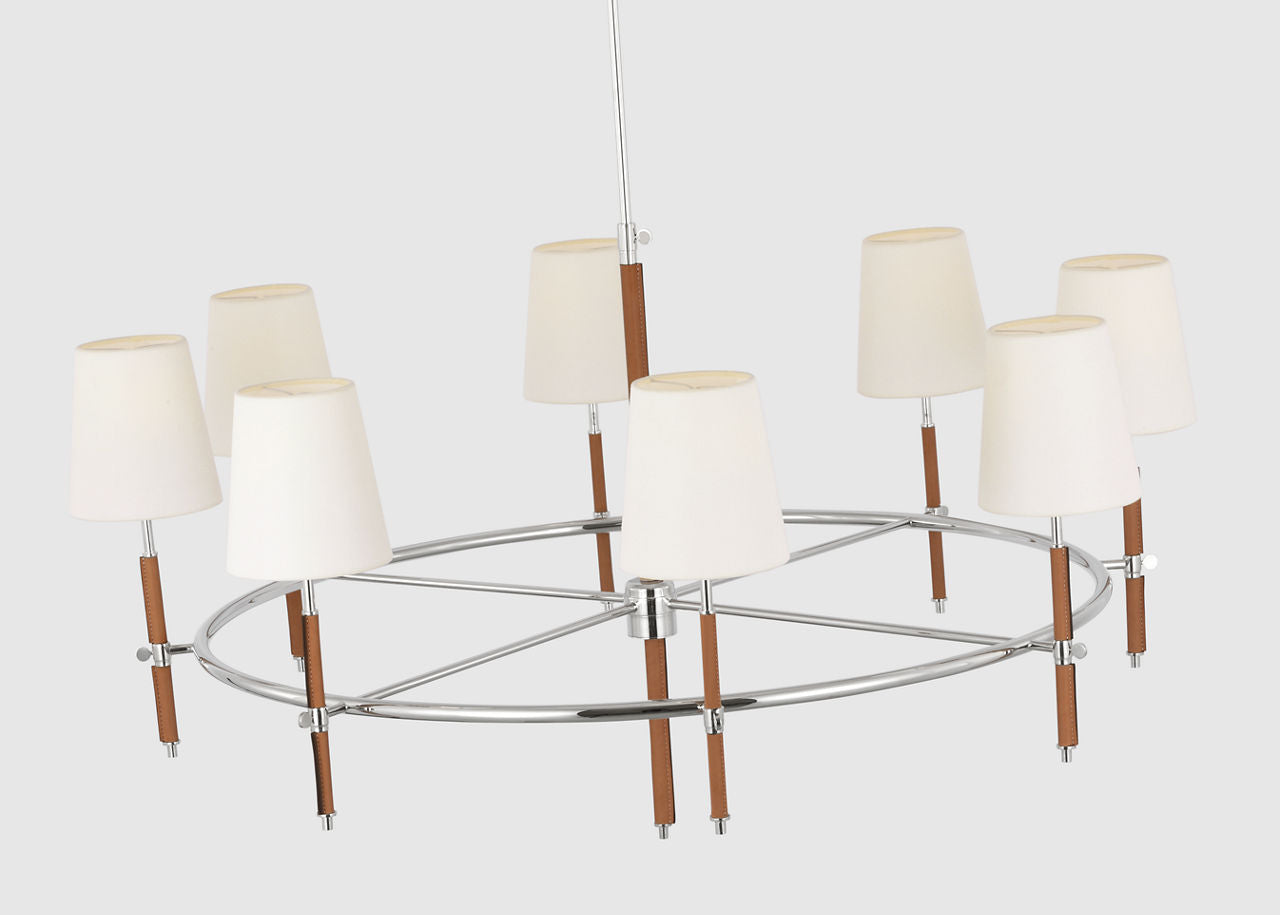 Bryant Wrapped Ring Chandelier | Polished Nickel and Natural Leather | Linen Shades