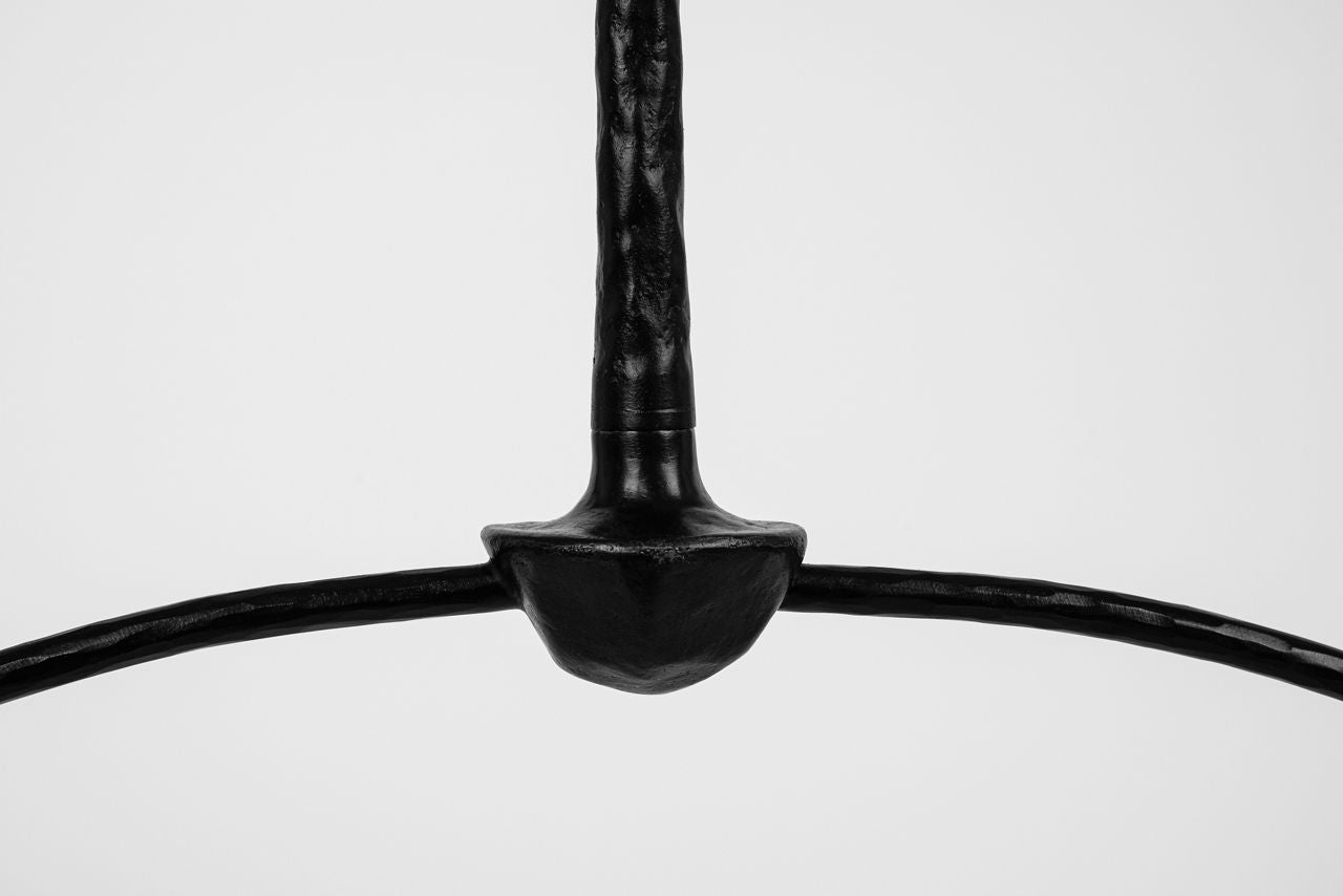 Kairos 62" Linear Chandelier | Aged Iron and Roman Bronze | Linen Shades