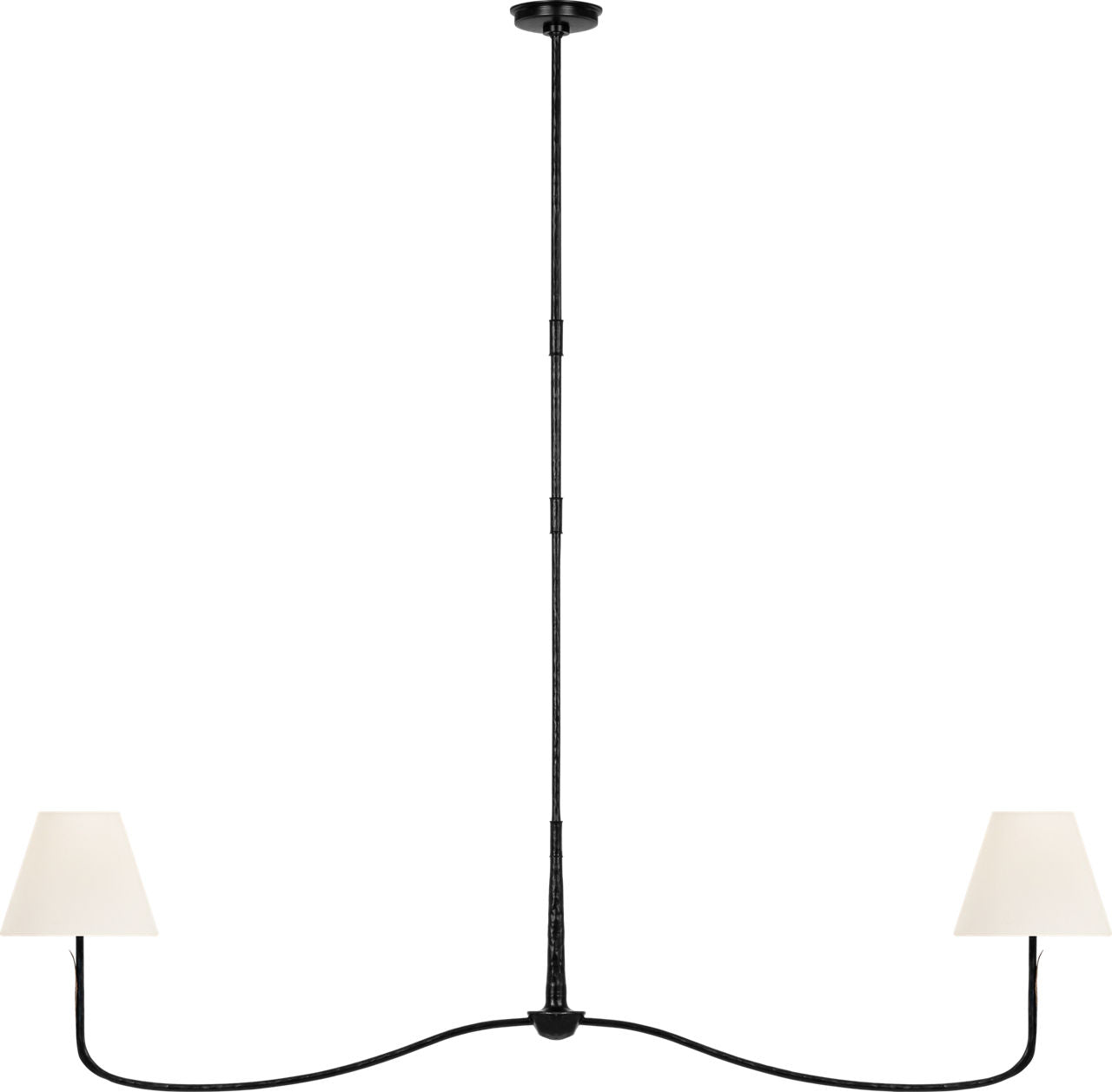 Kairos 62" Linear Chandelier | Aged Iron and Roman Bronze | Linen Shades