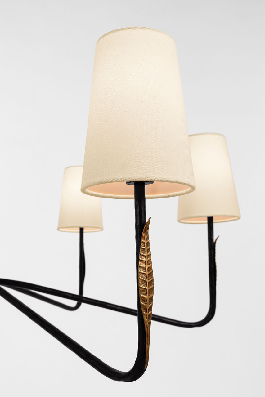 Kairos 40" Chandelier | Aged Iron and Roman Bronze | Linen Shades