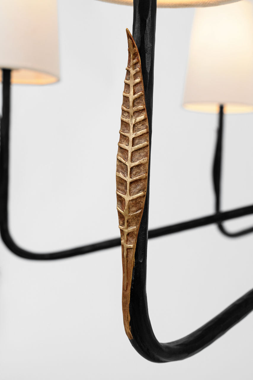 Kairos 40" Chandelier | Aged Iron and Roman Bronze | Linen Shades