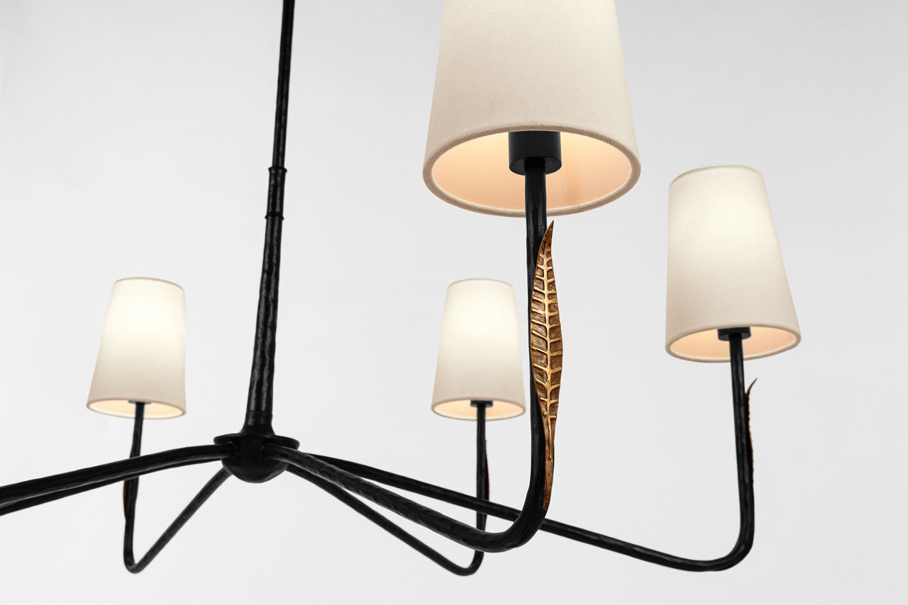 Kairos 40" Chandelier | Aged Iron and Roman Bronze | Linen Shades