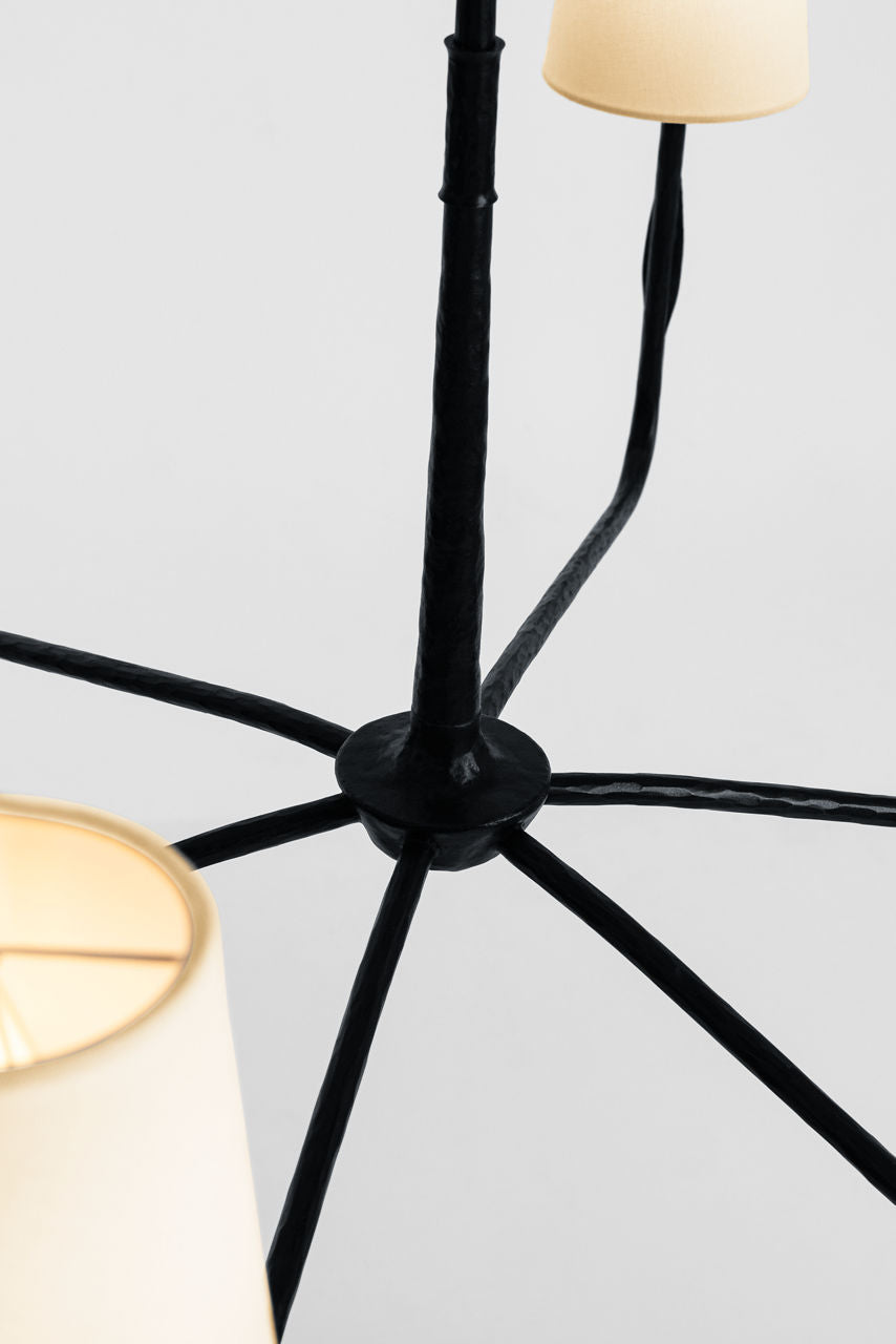 Kairos 40" Chandelier | Aged Iron and Roman Bronze | Linen Shades