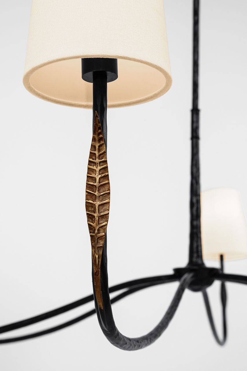 Kairos 58" Chandelier | Aged Iron and Roman Bronze | Linen Shades