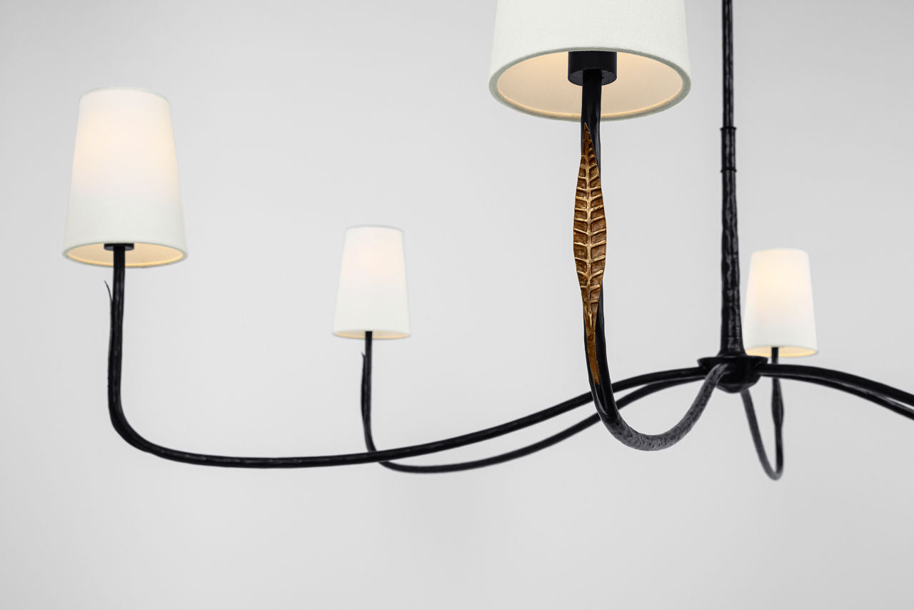 Kairos 58" Chandelier | Aged Iron and Roman Bronze | Linen Shades