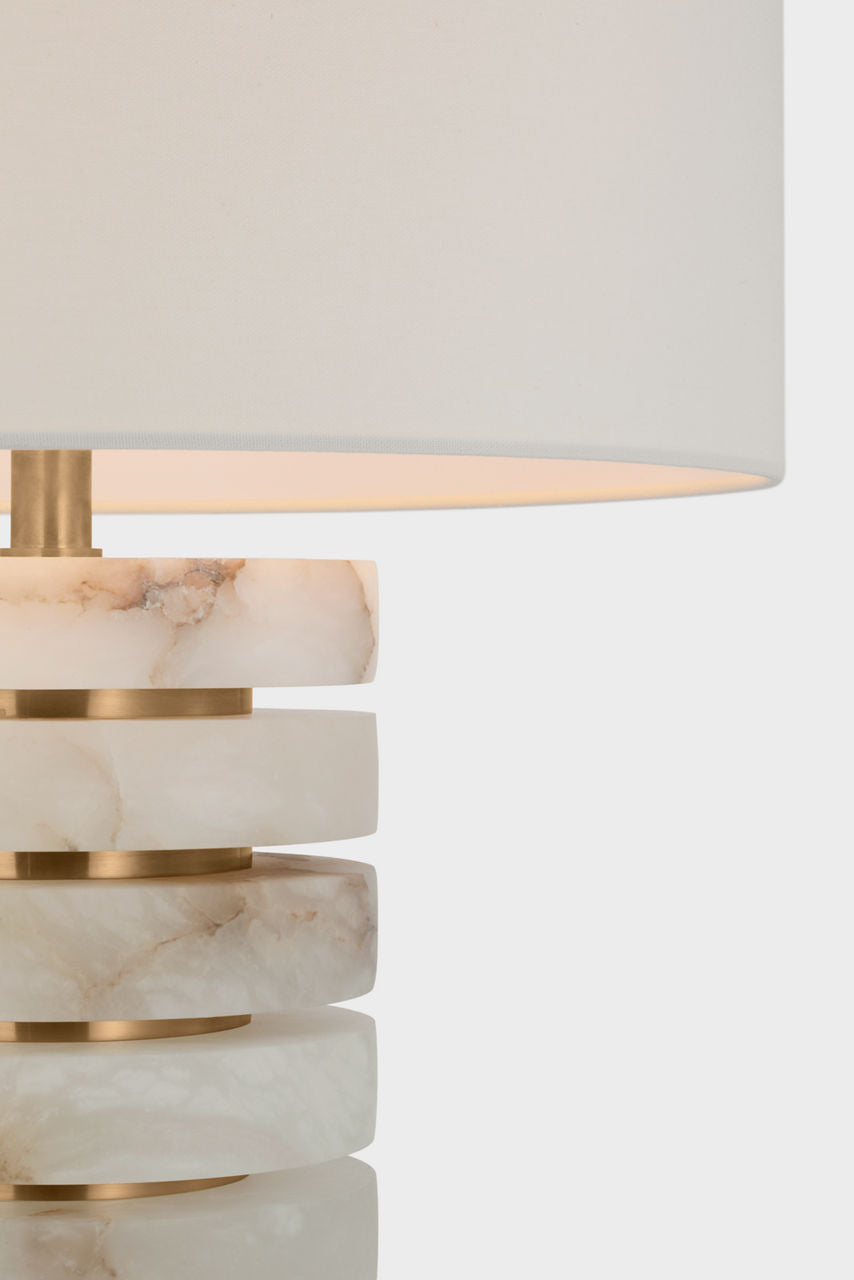 Diski Medium Table Lamp | Alabaster and Hand-Rubbed Antique Brass | Linen Shade
