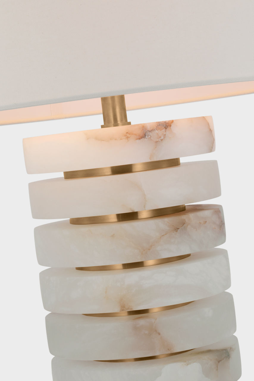 Diski Medium Table Lamp | Alabaster and Hand-Rubbed Antique Brass | Linen Shade